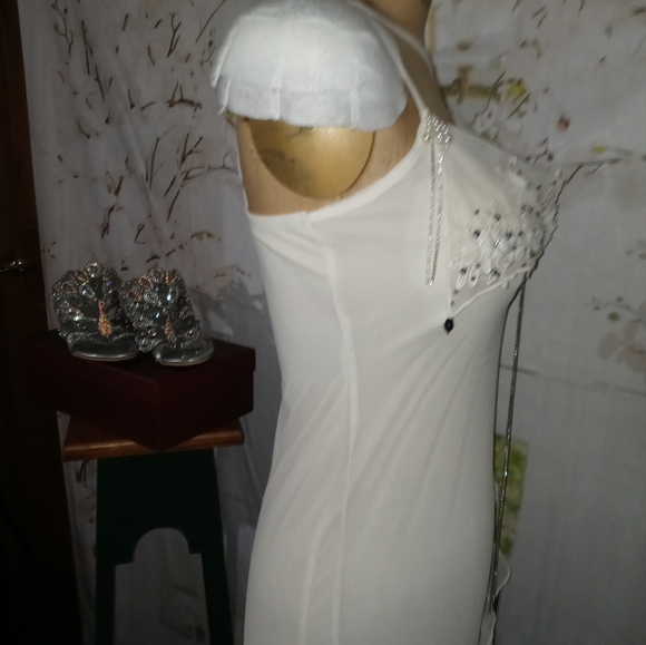 Ivory Mesh Dresses with Rhinestone, Lace, Blue Irridescent Crystal & Ruffles - Picture 4 of 7